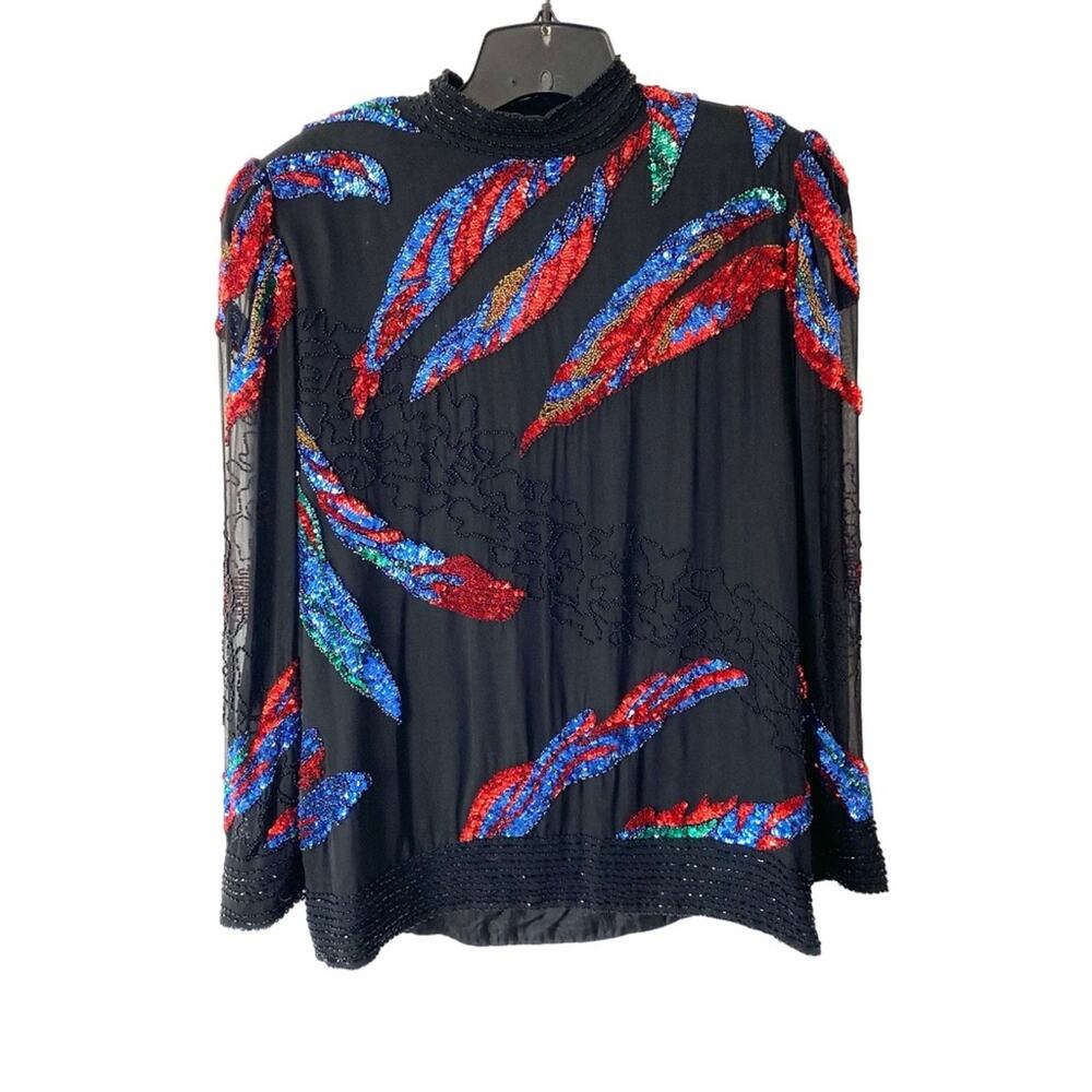 Vintage Oleg Cassini Elegant Black Sequin Blouse  Multicolor Accents Red Blue